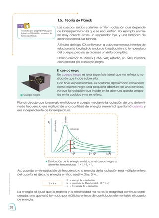 Prohibida
su
reproducción
28
1.5. 	Teoría de Planck
Los cuerpos sólidos calientes emiten radiación que depende
de la temperatura a la que se encuentren. Por ejemplo, un hie-
rro muy caliente emite un resplandor rojo, y una lámpara de
incandescencia, luz blanca.
A finales del siglo XIX, se llevaron a cabo numerosos intentos de
relacionar la longitud de onda de la radiación y la temperatura
del cuerpo, pero no se alcanzó un éxito completo.
El físico alemán M. Planck (1858-1947) estudió, en 1900, la radia-
ción emitida por el cuerpo negro.
Planck dedujo que la energía emitida por el cuerpo mediante la radiación de una determi-
nada frecuencia era múltiplo de una cantidad de energía elemental que llamó cuanto, y
era independiente de la temperatura.
Así, cuando emite radiación de frecuencia ν, la energía de la radiación será múltiplo entero
del cuanto, es decir, la energía emitida será hν, 2hν, 3hν...
La energía, al igual que la materia y la electricidad, ya no es la magnitud continua consi-
derada, sino que está formada por múltiplos enteros de cantidades elementales: el cuanto
de energía.
El cuerpo negro
Un cuerpo negro es una superficie ideal que no refleja la ra-
diación que incide sobre ella.
Con fines experimentales, es bastante aproximado considerar
como cuerpo negro una pequeña abertura en una cavidad,
ya que la radiación que incide en la abertura queda atrapa-
da en la cavidad y no se refleja.
E	 = energía de la radiación
h	 = constante de Planck (6,63 ⋅ 10-34
J ⋅ s)
ν	 = frecuencia de la radiación
E = h ν
Distribución de la energía emitida por el cuerpo negro a
diferentes temperaturas: T1
> T2
> T3
> T4
.
ultravioleta
visible
infrarrojo
Accede a la página https://you-
tu.be/bm7FSHokRIA muestra la
teoría de Planck.
	 Cuerpo negro
TIC
 