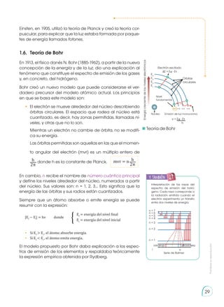 Prohibida
su
reproducción
29
Einsten, en 1905, utilizó la teoría de Planck y creó la teoría cor-
puscular, para explicar que la luz estaba formada por paque-
tes de energía llamados fotones.
1.6. 	Teoría de Bohr
En 1913, el físico danés N. Bohr (1885-1962), a partir de la nueva
concepción de la energía y de la luz, dio una explicación al
fenómeno que constituye el espectro de emisión de los gases
y, en concreto, del hidrógeno.
Bohr creó un nuevo modelo que puede considerarse el ver-
dadero precursor del modelo atómico actual. Los principios
en que se basa este modelo son:
•	 El electrón se mueve alrededor del núcleo describiendo
órbitas circulares. El espacio que rodea al núcleo está
cuantizado, es decir, hay zonas permitidas, llamadas ni-
veles, y otras que no lo son.
	 Mientras un electrón no cambie de órbita, no se modifi-
ca su energía.
	 Las órbitas permitidas son aquellas en las que el momen-
to angular del electrón (mvr) es un múltiplo entero de
h
2π
donde h es la constante de Planck.
	
En cambio, n recibe el nombre de número cuántico principal
y define los niveles alrededor del núcleo, numerados a partir
del núcleo. Sus valores son: n = 1, 2, 3... Esto significa que la
energía de las órbitas y sus radios están cuantizados.
Siempre que un átomo absorbe o emite energía se puede
resumir con la expresión:
Ef
= energía del nivel final
Ei
= energía del nivel inicial
|Ef
− Ei
| = hν	 donde	
	
•	 Si Ef
> Ei
, el átomo absorbe energía.
•	 Si Ef
< Ei
, el átomo emite energía.
El modelo propuesto por Bohr daba explicación a los espec-
tros de emisión de los elementos y respaldaba teóricamente
la expresión empírica obtenida por Rydberg.
Interpretación de las rayas del
es­
pec­
tro de emisión del hidró-
geno. Cada raya corresponde a
la radiación emitida cuando el
electrón experimenta un tránsito
entre dos ni­
veles de energía.
n = 7
n = 6
n = 5
n = 4
n = 3
n = 2
n = 1
infrarrojo ultravioleta
Serie de Balmer
i u
Electrón excitado
∆E = E4 - E1
Orbitas
circulares
E4
E3
E2
E1
Energía
creciente
de
los
niveles
electrónicos
n=1 n=2 n=3 n=4
Nivel
fundamental
Núcleo Emisión de luz monocroma
v = E4 - E1
h
	 Teoría de Bohr
h
2π
mvr = n
y también:
 