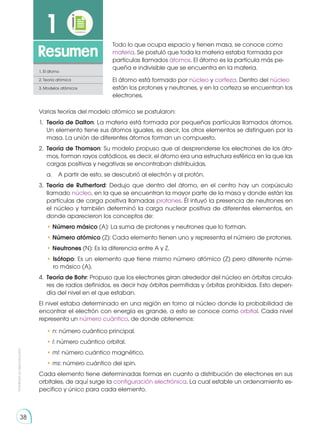 38
Prohibida
su
reproducción
38
1
Resumen
1. El átomo
2. Teoría atómica
3. Modelos atómicos
Todo lo que ocupa espacio y tienen masa, se conoce como
materia. Se postuló que toda la materia estaba formada por
partículas llamados átomos. El átomo es la partícula más pe-
queña e indivisible que se encuentra en la materia.
El átomo está formado por núcleo y corteza. Dentro del núcleo
están los protones y neutrones, y en la corteza se encuentran los
electrones.
Varias teorías del modelo atómico se postularon:
1.	 Teoría de Dalton: La materia está formada por pequeñas partículas llamados átomos.
Un elemento tiene sus átomos iguales, es decir, los otros elementos se distinguen por la
masa. La unión de diferentes átomos forman un compuesto.
2.	 Teoría de Thomson: Su modelo propuso que al desprenderse los electrones de los áto-
mos, forman rayos catódicos, es decir, el átomo era una estructura esférica en la que las
cargas positivas y negativas se encontraban distribuidas.
	 a.	 A partir de esto, se descubrió al electrón y al protón.
3.	 Teoría de Rutherford: Dedujo que dentro del átomo, en el centro hay un corpúsculo
llamado núcleo, en la que se encuentran la mayor parte de la masa y donde están las
partículas de carga positiva llamadas protones. Él intuyó la presencia de neutrones en
el núcleo y también determinó la carga nuclear positiva de diferentes elementos, en
donde aparecieron los conceptos de:
	• Número másico (A): La suma de protones y neutrones que lo forman.
	• Número atómico (Z): Cada elemento tienen uno y representa el número de protones.
	• Neutrones (N): Es la diferencia entre A y Z.
	• Isótopo: Es un elemento que tiene mismo número atómico (Z) pero diferente núme-
ro másico (A).
4.	 Teoría de Bohr: Propuso que los electrones giran alrededor del núcleo en órbitas circula-
res de radios definidos, es decir hay órbitas permitidas y órbitas prohibidas. Esto depen-
día del nivel en el que estaban.
El nivel estaba determinado en una región en torno al núcleo donde la probabilidad de
encontrar el electrón con energía es grande, a esto se conoce como orbital. Cada nivel
representa un número cuántico, de donde obtenemos:
	• n: número cuántico principal.
	• l: número cuántico orbital.
	• ml: número cuántico magnético.
	• ms: número cuántico del spin.
Cada elemento tiene determinadas formas en cuanto a distribución de electrones en sus
orbitales, de aquí surge la configuración electrónica. La cual estable un ordenamiento es-
pecífico y único para cada elemento.
 