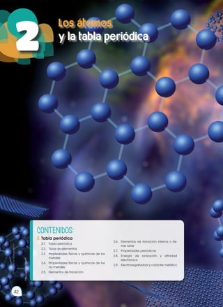 Objetivos:
•	 Demostrar conocimiento y compren-
sión de los hechos esenciales, con-
ceptos, principios, teorías y leyes rela-
cionadas con la Química a través de
la curiosidad científica, generando
un compromiso potencial con la so-
ciedad.
•	 Interpretar la estructura atómica y
molecular, desarrollar configuracio-
nes electrónicas y explicar su valor
predictivo en el estudio de las pro-
piedades químicas de los elementos
y compuestos, impulsando un traba-
jo colaborativo, ético y honesto.
http://goo.gl/ZWjaPT
42
Los átomos
y la tabla periódica
42
2
Prohibida
su
reproducción
http://goo.gl/ZWjaPT
CONTENIDOS:
2.	Tabla periódica
2.1.	 Tabla periódica
2.2.	 Tipos de elementos
2.3.	 Propiedades físicas y químicas de los
metales
2.4.	 Propiedades físicas y químicas de los
no metales
2.5.	 Elementos de transición
2.6.	 Elementos de transición interna o tie-
rras raras
2.7.	 Propiedades periódicas
2.8.	Energía de ionización y afinidad
electrónica
2.9.	 Electronegatividad y carácter metálico
 