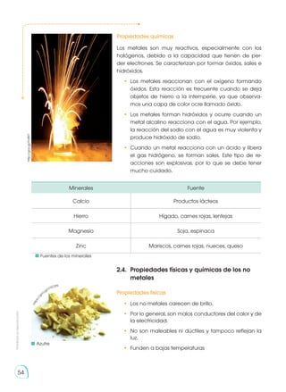 Prohibida
su
reproducción
54
Propiedades químicas
Los metales son muy reactivos, especialmente con los
halógenos, debido a la capacidad que tienen de per-
der electrones. Se caracterizan por formar óxidos, sales e
hidróxidos.
•	Los metales reaccionan con el oxígeno formando
óxidos. Esta reacción es frecuente cuando se deja
objetos de hierro a la intemperie, ya que observa-
mos una capa de color ocre llamado óxido.
•	 Los metales forman hidróxidos y ocurre cuando un
metal alcalino reacciona con el agua. Por ejemplo,
la reacción del sodio con el agua es muy violenta y
produce hidróxido de sodio.
•	 Cuando un metal reacciona con un ácido y libera
el gas hidrógeno, se forman sales. Este tipo de re-
acciones son explosivas, por lo que se debe tener
mucho cuidado.
http://goo.gl/FnjfKY
2.4.	 Propiedades físicas y químicas de los no
metales
Propiedades físicas
•	 Los no metales carecen de brillo.
•	 Por lo general, son malos conductores del calor y de
la electricidad.
•	 No son maleables ni dúctiles y tampoco reflejan la
luz.
•	 Funden a bajas temperaturas
Minerales Fuente
Calcio Productos lácteos
Hierro Hígado, carnes rojas, lentejas
Magnesio Soja, espinaca
Zinc Mariscos, carnes rojas, nueces, queso
	Azufre
	 Fuentes de los minerales
h
t
t
p
s
:
/
/
g
oo.gl/VTIO2N
 