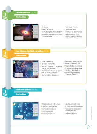 3
Contenidos
Contenidos
Contenidos
v
Modelo atómico (16 - 41)
Los átomos y la tabla periódica (42 - 67)
El enlace químico (68 - 93)
1
unidad
temática
•	El átomo
•	Teoría atómica
•	El modelo planetario de Bohr
•	Modelo mecánico-cuántico
de la materia
•	Teoría de Planck
•	Teoría de Bohr
•	Modelo de Sommerfeld
•	Números cuánticos
•	Distribución electrónica
•	Tabla periódica
•	Tipos de elementos
•	
Propiedades físicas y quími-
cas de los metales
•	
Propiedades físicas y quími-
cas de los no metales
•	Elementos de transición
•	Elementos de transición
interna o tierras raras
•	Propiedades periódicas
•	Energía de ionización y
afinidad electrónica
•	Electronegatividad y
carácter metálico
•	Representación de Lewis
•	Energía y estabilidad
•	Formación de iones
•	Enlace químico
•	Clases de enlaces
•	Compuestos iónicos
•	Compuestos covalentes
•	Fuerzas de atracción
intermolecular
•	Enlace metálico
2
unidad
temática
3
unidad
temática
Prohibida
su
reproducción
 