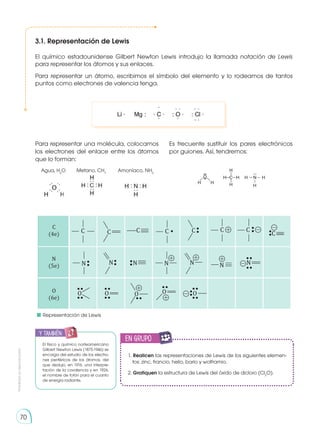 Prohibida
su
reproducción
70
3.1. Representación de Lewis
El físico y químico norteamericano
Gilbert Newton Lewis (1875-1946) se
encarga del estudio de los electro-
nes periféricos de los átomos, del
que dedujo, en 1916, una interpre-
tación de la covalencia y en 1926,
el nombre de fotón para el cuanto
de energía radiante.
El químico estadounidense Gilbert Newton Lewis introdujo la llamada notación de Lewis
para representar los átomos y sus enlaces.
Para representar un átomo, escribimos el símbolo del elemento y lo rodeamos de tantos
puntos como electrones de valencia tenga.
C
(4e)
N
(5e)
O
(6e)
Para representar una molécula, colocamos
los electrones del enlace entre los átomos
que lo forman:
	 Agua, H2
O	 Metano, CH4	
Amoníaco, NH3
	 	 	
Es frecuente sustituir los pares electrónicos
por guiones. Así, tendremos:
H
H
O H H
C
H
H
H H
H
N
	 Representación de Lewis
1. Realicen las representaciones de Lewis de los siguientes elemen-
tos: zinc, francio, helio, bario y wolframio.
2. Grafiquen la estructura de Lewis del óxido de dicloro (Cl2
O).
en grupo
E
N
G
R
UPO
Y
T
A
M
B
IÉN
T
I
C
S
R
E
C
O
R
T
A
BLES
C
A
L
C
U
L
A
DORA
y también:
 