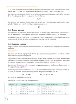 Prohibida
su
reproducción
74
A un ion lo representamos mediante el símbolo de su elemento, con un superíndice a la de-
recha que indica la carga que posee mediante un número y el signo + o el signo -.
Los cationes han perdido electrones en el número que indica la carga positiva. Por ejemplo,
2+ indicará que ese átomo ha perdido dos electrones.
Ca2+
Los aniones han ganado electrones, en el número que indica la carga negativa. Por ejem-
plo, 2- indicará que ese átomo ha ganado dos electrones.
S2-
Enlace iónico
Los iones son átomos o grupos de átomos que poseen cargas positivas o negativas por ha-
ber cedido o adquirido elec­
trones.
Según sea su estructura electrónica, cada átomo cede o recibe un número determinado
de electrones hasta adquirir la configuración estable de gas noble. De esta forma adquiere
una cierta carga positiva o negativa, a la que denominamos valencia iónica.
La valencia iónica de un elemento es la carga que adquieren sus átomos al convertirse en
iones positivos o negativos.
Veamos, por ejemplo, el potasio, K (Z = 19). Su estructura electrónica es 1s2
2s2
2p6
3s2
3p6
4s1
.
Si cede un electrón, adopta la configuración del gas noble argón (Z = 18).
	 K − 1 e−
K+
	1s2
2s2
2p6
3s2
3p6
Por tanto, su valencia iónica es 1+.
Del mismo modo ocurre con otros elementos.
Elemento Z Configuración electrónica Ion Configuración electrónica
Valencia
iónica
Al 13 1s2
2s2
2p6
3s2
3p1
Al3+
1s2
2s2
2p6
(= Ne) 3+
Ca 20 1s2
2s2
2p6
3s2
3p6
4s2
Ca2+
1s2
2s2
2p6
3s2
3p6
(= Ar) 2+
Br 35 1s2
2s2
2p6
3s2
3p6
4s2
3d10
4p5
Br−
1s2
2s2
2p6
3s2
3p6
4s2
3d10
4p6
(= Kr) 1−
P 15 1s2
2s2
2p6
3s2
3p3
P3−
1s2
2s2
2p6
3s2
3p6
(= Ar) 3−
3.4.	 Enlace químico
Las fuerzas que unen a los átomos, los iones o las moléculas que forman las sustancias quí-
micas (elementos y compuestos) de manera estable se denominan enlaces químicos.
En la formación de un enlace, los átomos tienden a ceder, ganar o compartir electrones
hasta que el número de estos sea igual a ocho en su nivel de valencia.
3.5. Clases de enlaces
Según sean los enlaces tenemos diferentes clases de sustancias con sus propiedades carac-
terísticas.
 