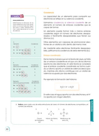 Prohibida
su
reproducción
80
Covalencia
La capacidad de un elemento para compartir sus
electrones se refleja en su valencia covalente.
Llamamos covalencia, o valencia covalente de un
elemento al número de enlaces covalentes que es
capaz de formar.
Un elemento puede formar más o menos enlaces
covalentes según el número de electrones desapa­
reados o fácilmente desapareables que tienen sus
átomos (a.).
Otros elementos son capaces de promocionar elec-
trones de un orbital a otro dentro del mismo nivel.
Así, mediante estos electrones fácilmente desaparea-
bles, justificamos la covalencia de estos elementos (b.).
Enlace coordinado
De la misma manera que en la teoría de Lewis, se trata
de un enlace covalente en el que uno de los átomos
aporta los dos electrones. En esta teoría se considera
que el enlace covalente coordinado se forma cuan-
do un átomo aporta un orbital de valencia desocupa-
do, mientras otro átomo contribuye con un orbital de
valencia ocupado por dos electrones.
6.	 Indica, para cada una de estas estructuras de Lewis, el número de electrones compartidos y el
número de enlaces.
P
H
H H
Cl H
F
F
F F
Si
a. b. c.
Cloruro
de hidrógeno,
HCl
Hidruro de fósforo,
PH3
Tetrafluoruro de
silicio, SiF4
Actividades
Elemento Covalencia
a.
Elemento
(estructura fundamental)
Elemento
(estructura promocionada)
Covalencia
del elemento
Covalencia
del elemento
b.
Iones poliatómicos
Determinamos la estructura de los
iones poliatómicos de modo seme-
jante a la de las moléculas. Según
sea anión o catión, deberemos su­
mar o restar electrones en la capa
de valencia.
Be:	1s2
2s1
2p1
x
	
2
B:	1s1
2s1
2p1
x
2p1
y
	3
C:	1s2
2s1
2p1
x
2p1
y
2p1
z
	4
Be:	1s2
2s2	
0
B:	1s1
2s2
2p1
x
	 1
C:	1s2
2s2
2p1
x
2p1
y
	 2
H:	1s1	
1
O:	1s1
2s2
2p2
x
2p1
y
2p1
z	
2
N:	1s2
2s2
2p1
x
2p1
y
2p1
z	
3
Por ejemplo la formación del hidronio:
H2
O + H+
→ H3
O+
En este caso el agua aporta con dos electrones y el H+
no aporta con ningún electrón.
y también:
 