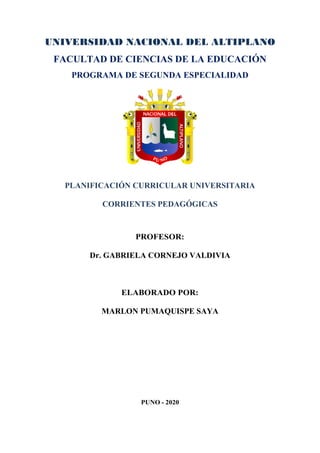 UNIVERSIDAD NACIONAL DEL ALTIPLANO
FACULTAD DE CIENCIAS DE LA EDUCACIÓN
PROGRAMA DE SEGUNDA ESPECIALIDAD
PLANIFICACIÓN CURRICULAR UNIVERSITARIA
CORRIENTES PEDAGÓGICAS
PROFESOR:
Dr. GABRIELA CORNEJO VALDIVIA
ELABORADO POR:
MARLON PUMAQUISPE SAYA
PUNO - 2020
 