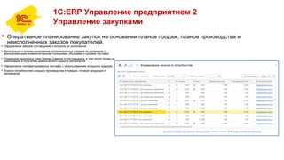 1С:ERP Управление предприятием 2
Управление закупками
 Оперативное планирование закупок на основании планов продаж, планов производства и
неисполненных заказов покупателей.
 Оформление заказов поставщикам и контроль их исполнения.
 Регистрация и анализ выполнения дополнительных условий по договорам с
фиксированными номенклатурными позициями, объемами и сроками поставок.
 Поддержка различных схем приема товаров от поставщиков, в том числе прием на
реализацию и получение давальческого сырья и материалов.
 Оформление неотфактурованных поставок с использованием складских ордеров.
 Анализ потребностей склада и производства в товарах, готовой продукции и
материалах.
 
