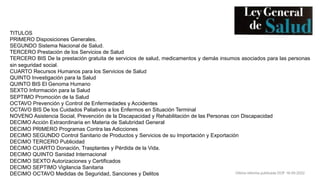Última reforma publicada DOF 16-05-2022
TITULOS
PRIMERO Disposiciones Generales.
SEGUNDO Sistema Nacional de Salud.
TERCERO Prestación de los Servicios de Salud
TERCERO BIS De la prestación gratuita de servicios de salud, medicamentos y demás insumos asociados para las personas
sin seguridad social.
CUARTO Recursos Humanos para los Servicios de Salud
QUINTO Investigación para la Salud
QUINTO BIS El Genoma Humano
SEXTO Información para la Salud
SEPTIMO Promoción de la Salud
OCTAVO Prevención y Control de Enfermedades y Accidentes
OCTAVO BIS De los Cuidados Paliativos a los Enfermos en Situación Terminal
NOVENO Asistencia Social, Prevención de la Discapacidad y Rehabilitación de las Personas con Discapacidad
DECIMO Acción Extraordinaria en Materia de Salubridad General
DECIMO PRIMERO Programas Contra las Adicciones
DECIMO SEGUNDO Control Sanitario de Productos y Servicios de su Importación y Exportación
DECIMO TERCERO Publicidad
DECIMO CUARTO Donación, Trasplantes y Pérdida de la Vida.
DECIMO QUINTO Sanidad Internacional
DECIMO SEXTO Autorizaciones y Certificados
DECIMO SEPTIMO Vigilancia Sanitaria
DECIMO OCTAVO Medidas de Seguridad, Sanciones y Delitos
 