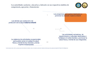Las autoridades sanitarias. educativas y laborales en sus respectivos ámbitos de
competencia, apoyarán y fomentarán:
II
III
IV
I
Los programas para padres destinados a
promover la atención materno-infantil
Las actividades recreativas, de
esparcimiento y culturales destinadas a
fortalecer el núcleo familiar y promover la
salud física y mental de sus integrantes
La vigilancia de actividades ocupacionales
que puedan poner en peligro la salud
física y mental de los menores y de las
mujeres embarazadas
Las demás que coadyuven a la
protección de la salud materno-infantil
Fuente: Secretaria de Salud, (1984). Ley General de Salud. Diario Oficial de la Federación, reforma, 26. Secretaria de Gobernación. Disponible en https://dof.gob.mx/nota_detalle.php?codigo=4652777&fecha=07/02/1984#gsc.tab=0
 