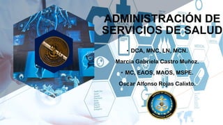 • DCA, MNC, LN, MCN.
Marcia Gabriela Castro Muñoz.
• MC, EAOS, MAOS, MSPE.
Oscar Alfonso Rojas Calixto.
ADMINISTRACIÓN DE
SERVICIOS DE SALUD
 