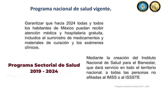 Programa nacional de salud vigente.
Garantizar que hacia 2024 todas y todos
los habitantes de México puedan recibir
atención médica y hospitalaria gratuita,
incluidos el suministro de medicamentos y
materiales de curación y los exámenes
clínicos.
Mediante la creación del Instituto
Nacional de Salud para el Bienestar,
que dará servicio en todo el territorio
nacional. a todas las personas no
afiliadas al IMSS o al ISSSTE
Programa Sectorial de Salud 2019 - 2024
 