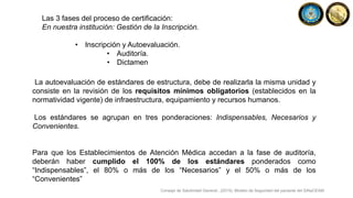 Las 3 fases del proceso de certificación:
En nuestra institución: Gestión de la Inscripción.
• Inscripción y Autoevaluación.
• Auditoría.
• Dictamen
La autoevaluación de estándares de estructura, debe de realizarla la misma unidad y
consiste en la revisión de los requisitos mínimos obligatorios (establecidos en la
normatividad vigente) de infraestructura, equipamiento y recursos humanos.
Los estándares se agrupan en tres ponderaciones: Indispensables, Necesarios y
Convenientes.
Para que los Establecimientos de Atención Médica accedan a la fase de auditoría,
deberán haber cumplido el 100% de los estándares ponderados como
“Indispensables”, el 80% o más de los “Necesarios” y el 50% o más de los
“Convenientes”
Consejo de Salubridad General., (2015). Modelo de Seguridad del paciente del SiNaCEAM.
 