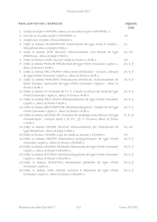 Version août 2013
Premiers pas dans Epi Info 7 111 Louis AYZAC
REALISATION DE L’EXERCICE Objectifs
visés
1 Copiez le projet « MATER » dans un nouveau projet « MATEREL ».
2 Ouvrez le nouveau projet « MATEREL ». 30
3 Supprimez la page « Accouchement ».
4 Créez le champ CESARIENNE «Césarienne» de type «Case à cocher» ,
Obligatoire dans la page « Mère ».
21
5 Créez le champ AVB (bouton) «Accouchement Voie Basse» de type
«Relation» , dans la page « Mère ».
41, 42
6 Créez la forme « AVB » qui est reliée au bouton « AVB ».. 45
7 Créez le champ PRIDUR «Péridurale» de type «Texte Comment LegalL» ,
dans la forme « AVB ».
18, 8, 9
8 Créez le champ DELIVRART «Délivrance artificielle / révision utérine»
de type «Texte Comment LegalL» , dans la forme « AVB ».
18, 8, 9
9 Créez le champ FORCEPS «Manœuvres extractives instrumentales de
taille (forceps, ventouse)» de type «Texte Comment LegalL» , dans la
forme « AVB ».
18, 8, 9
10 Créez le champ TV «Nombre de TV > 5 après ouverture de l'œuf» de type
«Texte Comment LegalL» , dans la forme « AVB ».
18, 8, 9
11 Créez le champ DECLANCH «Déclenchement» de type «Texte Comment
LegalL» , dans la forme « AVB ».
18, 8, 9
12 Créez le champ ABSTREPTOB «Antibioprophylaxie / strepto B» de type
«Texte Comment LegalL» , dans la forme « AVB ».
18, 8, 9
13 Créez le champ SONDEVAC «Nombre de sondages évacuateurs» de type
«Numérique» , compris entre 0 et 15 ; 99 = inconnu dans la forme
« AVB ».
7, 9, 19
14 Créez le champ CESAR (bouton) «Accouchement par Césarienne» de
type «Relation» , dans la page « Mère ».
41, 42
15 Créez la forme « CESAR » qui est reliée au bouton « CESAR ». 45
16 Créez le champ PROPH «Césarienne prophylactique» de type «Texte
Comment LegalL» , dans la forme « CESAR ».
18, 8, 9
17Créez le champ CESAR1 «Première césarienne» de type «Texte Comment
LegalL» , dans la forme « CESAR ».
18, 8, 9
18 Créez le champ ANTIBIO «Antibioprophylaxie» de type «Texte Comment
LegalL» , dans la forme « CESAR ».
18, 8, 9
19 Créez le champ ANESTHG «Anesthésie générale» de type «Texte
Comment LegalL» ,.
18, 8, 9
20 Créez le champ SAD «Sonde urinaire à demeure» de type «Texte
Comment LegalL» , dans la forme « CESAR ».
18, 8, 9
 