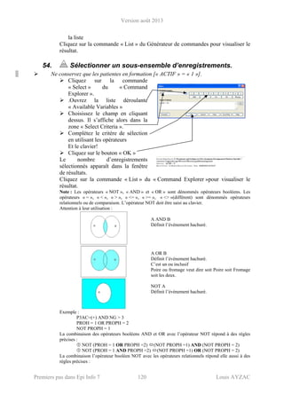 Version août 2013
Premiers pas dans Epi Info 7 120 Louis AYZAC
la liste
Cliquez sur la commande « List » du Générateur de commandes pour visualiser le
résultat.
54. Sélectionner un sous-ensemble d’enregistrements.
Ne conservez que les patientes en formation [« ACTIF » = « 1 »].
Cliquez sur la commande
« Select » du « Command
Explorer ».
.Ouvrez la liste déroulante
« Available Variables »
Choisissez le champ en cliquant
dessus. Il s’affiche alors dans la
zone « Select Criteria ».
Complétez le critère de sélection
en utilisant les opérateurs
Et le clavier!
Cliquez sur le bouton « OK »
Le nombre d’enregistrements
sélectionnés apparaît dans la fenêtre
de résultats.
Cliquez sur la commande « List » du « Command Explorer »pour visualiser le
résultat.
Note : Les opérateurs « NOT », « AND » et « OR » sont dénommés opérateurs booléens. Les
opérateurs « = », « < », « > », « <= », « >= », « <> »(différent) sont dénommés opérateurs
relationnels ou de comparaison. L’opérateur NOT doit être saisi au clavier.
Attention à leur utilisation :
A AND B
Définit l’événement hachuré.
A OR B
Définit l’événement hachuré.
C’est un ou inclusif
Poire ou fromage veut dire soit Poire soit Fromage
soit les deux.
NOT A
Définit l’événement hachuré.
Exemple :
P3AC=(+) AND NG > 3
PROH = 1 OR PROPH = 2
NOT PROPH = 1
La combinaison des opérateurs booléens AND et OR avec l’opérateur NOT répond à des règles
précises :
NOT (PROH = 1 OR PROPH =2) (NOT PROPH =1) AND (NOT PROPH = 2)
NOT (PROH = 1 AND PROPH =2) (NOT PROPH =1) OR (NOT PROPH = 2)
La combinaison l’opérateur booléen NOT avec les opérateurs relationnels répond elle aussi à des
règles précises :
 