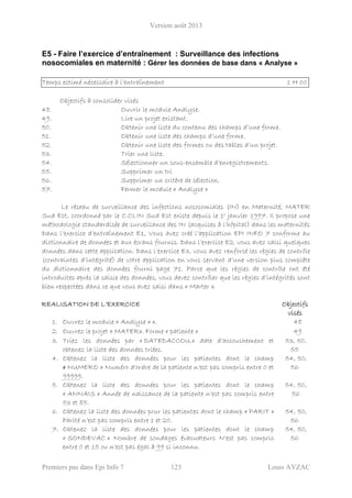 Version août 2013
Premiers pas dans Epi Info 7 123 Louis AYZAC
E5 - Faire l’exercice d’entraînement : Surveillance des infections
nosocomiales en maternité : Gérer les données de base dans « Analyse »
Temps estimé nécessaire à l’entraînement 1 H 00
Objectifs à consolider visés
48. Ouvrir le module Analyse.
49. Lire un projet existant.
50. Obtenir une liste du contenu des champs d’une forme.
51. Obtenir une liste des champs d’une forme.
52. Obtenir une liste des formes ou des tables d’un projet.
53. Trier une liste.
54. Sélectionner un sous-ensemble d’enregistrements.
55. Supprimer un tri
56. Supprimer un critère de sélection.
57. Fermer le module « Analyse »
Le réseau de surveillance des infections nosocomiales (IN) en Maternité, MATER
Sud Est, coordonné par le C.CLIN Sud Est existe depuis le 1° janvier 1997. Il propose une
méthodologie standardisée de surveillance des IN (acquises à l’hôpital) dans les maternités
Dans l’exercice d’entraînement E1, Vous avez créé l’application EPI INFO 7 conforme au
dictionnaire de données et aux écrans fournis. Dans l’exercice E2, vous avez saisi quelques
données dans cette application. Dans l’exercice E3, vous avez renforcé les règles de contrôle
(contraintes d’intégrité) de votre application en vous servant d’une version plus complète
du dictionnaire des données fourni page 71. Parce que les règles de contrôle ont été
introduites après la saisie des données, vous devez contrôler que les règles d’intégrités sont
bien respectées dans ce que vous avez saisi dans « Marter ».
REALISATION DE L’EXERCICE Objectifs
visés
1. Ouvrez le module « Analyse » ». 48
2. Ouvrez le projet « MATER». Forme « patiente » 49
3. Triez les données par « DATEDACCOU.» date d’accouchement et
obtenez la liste des données triées.
53, 50,
55
4. Obtenez la liste des données pour les patientes dont le champ
« NUMERO » Numéro d'ordre de la patiente n’est pas compris entre 0 et
99999.
54, 50,
56
5. Obtenez la liste des données pour les patientes dont le champ
« ANNAIS » Année de naissance de la patiente n’est pas compris entre
53 et 85.
54, 50,
56
6. Obtenez la liste des données pour les patientes dont le champ « PARIT »
Parité n’est pas compris entre 1 et 20.
54, 50,
56
7. Obtenez la liste des données pour les patientes dont le champ
« SONDEVAC » Nombre de sondages évacuateurs N’est pas compris
entre 0 et 15 ou n’est pas égal à 99 si inconnu.
54, 50,
56
 