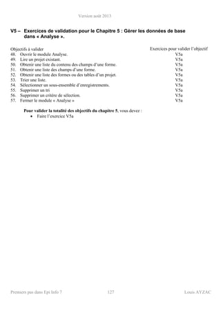 Version août 2013
Premiers pas dans Epi Info 7 127 Louis AYZAC
V5 – Exercices de validation pour le Chapitre 5 : Gérer les données de base
dans « Analyse ».
Objectifs à valider Exercices pour valider l’objectif
48. Ouvrir le module Analyse. V5a
49. Lire un projet existant. V5a
50. Obtenir une liste du contenu des champs d’une forme. V5a
51. Obtenir une liste des champs d’une forme. V5a
52. Obtenir une liste des formes ou des tables d’un projet. V5a
53. Trier une liste. V5a
54. Sélectionner un sous-ensemble d’enregistrements. V5a
55. Supprimer un tri V5a
56. Supprimer un critère de sélection. V5a
57. Fermer le module « Analyse » V5a
Pour valider la totalité des objectifs du chapitre 5, vous devez :
• Faire l’exercice V5a
 