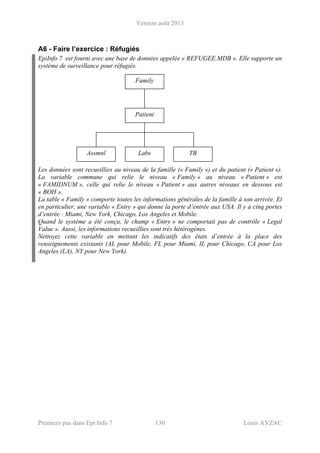 Version août 2013
Premiers pas dans Epi Info 7 130 Louis AYZAC
A6 - Faire l’exercice : Réfugiés
EpiInfo 7 est fourni avec une base de données appelée « REFUGEE.MDB ». Elle supporte un
système de surveillance pour réfugiés.
Les données sont recueillies au niveau de la famille (« Family ») et du patient (« Patient »).
La variable commune qui relie le niveau « Family » au niveau « Patient » est
« FAMIDNUM », celle qui relie le niveau « Patient » aux autres niveaux en dessous est
« BOH ».
La table « Family » comporte toutes les informations générales de la famille à son arrivée. Et
en particulier, une variable « Entry » qui donne la porte d’entrée aux USA. Il y a cinq portes
d’entrée : Miami, New York, Chicago, Los Angeles et Mobile.
Quand le système a été conçu, le champ « Entry » ne comportait pas de contrôle « Legal
Value ». Aussi, les informations recueillies sont très hétérogènes.
Nettoyez cette variable en mettant les indicatifs des états d’entrée à la place des
renseignements existants (AL pour Mobile, FL pour Miami, IL pour Chicago, CA pour Los
Angeles (LA), NY pour New York).
Family
Patient
Labs TBAssmnl
 