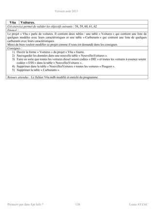 Version août 2013
Premiers pas dans Epi Info 7 138 Louis AYZAC
V6a Voitures.
Cet exercice permet de valider les objectifs suivants : 58, 59, 60, 61, 62
Enoncé :
Le projet « V6a » parle de voitures. Il contient deux tables : une table « Voitures » qui contient une liste de
quelques modèles avec leurs caractéristiques et une table « Carburants » qui contient une liste de quelques
carburants avec leurs caractéristiques.
Merci de bien vouloir modifier ce projet comme il vous est demandé dans les consignes.
Consignes :
1) Ouvrir la forme « Voitures » du projet « V6a » fourni.
2) Sauvegarder les données dans une nouvelle table « NouvellesVoitures ».
3) Faire en sorte que toutes les voitures diesel soient codées « DIE » et toutes les voitures à essence soient
codées « ESS » dans la table « NouvellesVoitures »..
4) Supprimer dans la table « NouvellesVoitures » toutes les voitures « Peugeot ».
5) Supprimer la table « Carburants ».
Retours attendus : Le fichier V6a.mdb modifié et enrichi du programme.
 