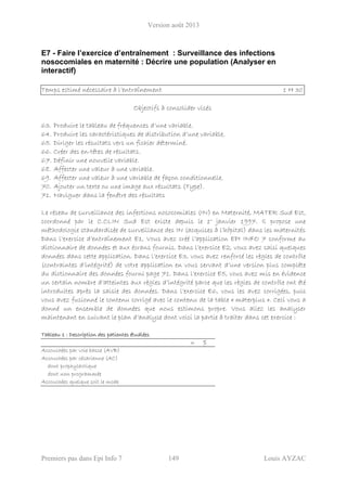 Version août 2013
Premiers pas dans Epi Info 7 149 Louis AYZAC
E7 - Faire l’exercice d’entraînement : Surveillance des infections
nosocomiales en maternité : Décrire une population (Analyser en
interactif)
Temps estimé nécessaire à l’entraînement 1 H 30
Objectifs à consolider visés
63. Produire le tableau de fréquences d’une variable.
64. Produire les caractéristiques de distribution d’une variable.
65. Diriger les résultats vers un fichier déterminé.
66. Créer des en-têtes de résultats.
67. Définir une nouvelle variable.
68. Affecter une valeur à une variable.
69. Affecter une valeur à une variable de façon conditionnelle.
70. Ajouter un texte ou une image aux résultats (Type).
71. Naviguer dans la fenêtre des résultats
Le réseau de surveillance des infections nosocomiales (IN) en Maternité, MATER Sud Est,
coordonné par le C.CLIN Sud Est existe depuis le 1° janvier 1997. Il propose une
méthodologie standardisée de surveillance des IN (acquises à l’hôpital) dans les maternités
Dans l’exercice d’entraînement E1, Vous avez créé l’application EPI INFO 7 conforme au
dictionnaire de données et aux écrans fournis. Dans l’exercice E2, vous avez saisi quelques
données dans cette application. Dans l’exercice E3, vous avez renforcé les règles de contrôle
(contraintes d’intégrité) de votre application en vous servant d’une version plus complète
du dictionnaire des données fourni page 71. Dans l’exercice E5, vous avez mis en évidence
un certain nombre d’atteintes aux règles d’intégrité parce que les règles de contrôle ont été
introduites après la saisie des données. Dans l’exercice E6, vous les avez corrigées, puis
vous avez fusionné le contenu corrigé avec le contenu de la table « materplus ». Ceci vous a
donné un ensemble de données que nous estimons propre. Vous allez les analyser
maintenant en suivant le plan d’analyse dont voici la partie à traiter dans cet exercice :
Tableau 1 : Description des patientes étudiées
n %
Accouchées par voie basse (AVB)
Accouchées par césarienne (AC)
dont prophylactique
dont non programmée
Accouchées quelque soit le mode
 