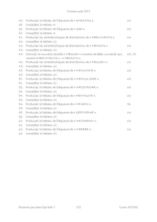 Version août 2013
Premiers pas dans Epi Info 7 152 Louis AYZAC
37. Produisez le tableau de fréquence de « ANESTHG ». 63
38. Complétez le tableau 4.
39. Produisez le tableau de fréquence de « SAD ». 63
40. Complétez le tableau 4.
41. Produisez les caractéristiques de distribution de « NBRVIVANTS ». 64
42. Complétez le tableau 10.
43. Produisez les caractéristiques de distribution de « NBMUTS ». 64
44. Complétez le tableau 10.
45. Calculez la nouvelle variable « NBSURV » nombre de bébés surveillés qui
vaudra «NBRVIVANTS » - « NBMUTS ».
68, 70
46. Produisez les caractéristiques de distribution de « NBSURV ». 64
47. Complétez le tableau 10.
48. Produisez le tableau de fréquence de « INFCUTANE ». 63
49. Complétez le tableau 10.
50. Produisez le tableau de fréquence de « INFOCULAIRE ». 63
51. Complétez le tableau 10.
52. Produisez le tableau de fréquence de « INFOSTEOAR ». 63
53. Complétez le tableau 10.
54. Produisez le tableau de fréquence de « MENINGITE ». 63
55. Complétez le tableau 10.
56. Produisez le tableau de fréquence de « INFURIN ». 53
57. Complétez le tableau 10.
58. Produisez le tableau de fréquence de « SEPTICEMIE ». 63
59. Complétez le tableau 10.
60. Produisez le tableau de fréquence de « INFCORDON ». 63
61. Complétez le tableau 10.
62. Produisez le tableau de fréquence de « INFBEBE ». 63
63. Complétez le tableau 10.
 
