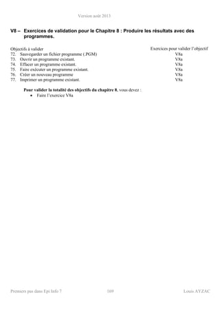 Version août 2013
Premiers pas dans Epi Info 7 169 Louis AYZAC
V8 – Exercices de validation pour le Chapitre 8 : Produire les résultats avec des
programmes.
Objectifs à valider Exercices pour valider l’objectif
72. Sauvegarder un fichier programme (.PGM) V8a
73. Ouvrir un programme existant. V8a
74. Effacer un programme existant. V8a
75. Faire exécuter un programme existant. V8a
76. Créer un nouveau programme V8a
77. Imprimer un programme existant. V8a
Pour valider la totalité des objectifs du chapitre 8, vous devez :
• Faire l’exercice V8a
 