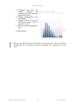 Version août 2013
Premiers pas dans Epi Info 7 176 Louis AYZAC
6. Rajoutez une diapositive dans « PowerPoint » ou une page dans « Word » présentant
l’histogramme de la répartition du poids accompagné d’un commentaire de votre
choix.
Commencez par créer une
variable « Clpoids » qui
contiendra la classe de poids par
tranches de 20 livres.
Refaites l’histogramme avec
« CLPOIDS »
DEFINE CLPOIDS NUMERIC
ASSIGN CLPOIDS = TRUNC( WEIGHT/20 )
Changer le titre de l’axe des X
(« Classes de poids x 20 ») et
celui des Y (« N »)
Passez la taille des étiquettes en
petit
C’est bien mieux !
 