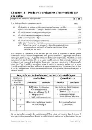 Version août 2013
Premiers pas dans Epi Info 7 195 Louis AYZAC
Chapitre 11 - Produire le croisement d’une variable par
une autre.
Temps estimé nécessaire à l’acquisition ………….………………………….…… 1 H 15
A la fin de ce chapitre, vous devez savoir page
83.  Produire le tableau croisé (de contingence) de deux variables......................... 199 
A11a - Faire l’exercice : Oswego – Analyse croisée - Programme .......................199 
84.  Analyser avec une régression logistique. ......................................................... 201 
85.  Analyser avec une analyse de variance. ........................................................... 202 
A11b - Faire l’exercice : Ages ................................................................................202 
86.  Analyser avec une régression linéaire.............................................................. 204 
A11c - Faire l’exercice : Oestriol...........................................................................204 
E11 - Faire l’exercice d’entraînement : Surveillance des infections
nosocomiales en maternité : Produire le croisement d’une
variable par une autre............................................................................... 229
Pour analyser le croisement d’une variable par une autre, il convient de savoir quelles
techniques d’analyse doivent être prescrites dans quelles situations. La typologie des variables
statistiques, exposée page 139, permet à nouveau de résoudre ce problème. Attention, les deux
variables n’ont pas le même rôle : il y a une variable qui doit être comparée (variable « à
expliquer ») par rapport à la répartition d’une autre ( variable « explicative »). Par exemple,
est-ce que l’age (variable « à expliquer ») est le même en moyenne quelque soit le genre
(variable « explicative »). Il est préférable de garder ce raisonnement rigoureux même si, dans
le cas de l’indépendance de deux variables qualitatives, il est possible d’étendre l’analyse à la
situation inverse.
Analyse bi variée (croisement) des variables statistiques.
Variables ⇒
« à expliquer »
qualitatives Quantitatives
Variables
⇓ « explicatives »
nominales ordinales discrètes continues
nq
o
Tableau de contingence
κ2
d’indépendance
Pour les tableaux 2 x 2
o Risque relatif
o Odds ratio (rapport des côtes)
Comparaison des moyennes :
o paramétrique
ANOVA (analyse de variance)
o non paramétrique
Mann-Whitney/Wilcoxon
dQ
c
Régression logistique binaire
ou polytomique
Régression linéaire
Corrélation
Un cas particulier est celui des variables dont l’observation est censurée dans le temps. Il
n’est pas possible pour celles ci d’avoir la totalité des informations car le phénomène n’est pas
 