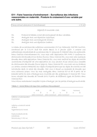 Version août 2013
Premiers pas dans Epi Info 7 205 Louis AYZAC
E11 - Faire l’exercice d’entraînement : Surveillance des infections
nosocomiales en maternité : Produire le croisement d’une variable par
une autre.
Temps estimé nécessaire à l’entraînement 1 H 30
Objectifs à consolider visés
83. Produire le tableau croisé (de contingence) de deux variables.
84. Analyser avec une régression logistique.
85. Analyser avec une analyse de variance.
86. Analyser avec une régression linéaire.
Le réseau de surveillance des infections nosocomiales (IN) en Maternité, MATER Sud Est,
coordonné par le C.CLIN Sud Est existe depuis le 1° janvier 1997. Il propose une
méthodologie standardisée de surveillance des IN (acquises à l’hôpital) dans les maternités
Dans l’exercice d’entraînement E1, Vous avez créé l’application EPI INFO 7 conforme au
dictionnaire de données et aux écrans fournis. Dans l’exercice E2, vous avez saisi quelques
données dans cette application. Dans l’exercice E3, vous avez renforcé les règles de contrôle
(contraintes d’intégrité) de votre application en vous servant d’une version plus complète
du dictionnaire des données fourni page 21. Dans l’exercice E5, vous avez mis en évidence
un certain nombre d’atteintes aux règles d’intégrité parce que les règles de contrôle ont été
introduites après la saisie des données. Ceci vous a donné un ensemble de données que
nous estimons propre. Vous les avez analysées dans l’exercice E7 et E8 à partir de la
première partie du plan d’analyse puis illustrées par des graphiques à l’exercice E9. Nous
avons récupéré des données de l’année 2001 à partir de différents types de fichiers dans
l’exercice E10.
Nous allons maintenant compléter le plan d’analyse par les parties d’analyse multivariée:
Tableau 5 : Autres facteurs de risque (hors conditions d'accouchement)
AVB AC Total Inconnus
n % n % n % n %
(sans inconnus) (sans inconnus) (sans inconnus)
Infection urinaire pendant
la grossesse
Infection urinaire à l'entrée
(ECBU)
Hyperthermie du travail
Rupture prématurée des
membranes
Perte de sang > 800 ml
 