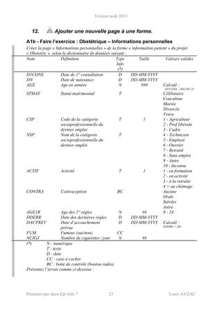 Version août 2013
Premiers pas dans Epi Info 7 23 Louis AYZAC
12. Ajouter une nouvelle page à une forme.
A1b - Faire l’exercice : Obstétrique – Informations personnelles
Créez la page « Informations personnelles » de la forme « information patient » du projet
« Obstetric » selon le dictionnaire de données suivant :
Nom Définition Type
Info
(*)
Taille Valeurs valides
D1CONS Date de 1° consultation D DD-MM-YYYY
DN Date de naissance D DD-MM-YYYY
AGE Age en années N ### Calculé :
(D1CONS – DN)/365.25
STMAT Statut matrimonial T Célibataire
Concubine
Mariée
Divorcée
Veuve
CSP Code de la catégorie
socioprofessionnelle du
dernier emploi
T 1
NSP Nom de la catégorie
socioprofessionnelle du
dernier emploi
T
1 - Agriculteur
2 - Prof libérale
3 - Cadre
4 - Technicien
5 - Employé
6 - Ouvrier
7 - Retraité
8 - Sans emploi
9 - Autre
10 - Inconnu
ACTIF Activité T 1 1 - en formation
2 - en activité
3 - à la retraite
4 = au chômage
CONTRA Contraception BC Aucune
Orale
Stérilet
Autre
AGE1R Age des 1° règles N ## 8 - 24
DDERR Date des dernières règles D DD-MM-YYYY
DACPREV Date d’accouchement
prévue
D DD-MM-YYYY Calculé :
DDERR + 280
FUM Fumeur (oui/non) CC
NCIGJ Nombre de cigarettes / jour N ##
(*) N : numérique
T : texte
D : date
CC : case à cocher
BC : boite de contrôle (bouton radio)
Présentez l’écran comme ci-dessous :
 