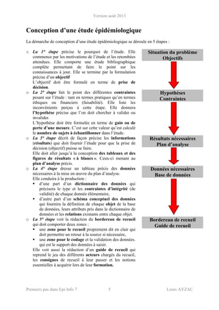 Version août 2013
Premiers pas dans Epi Info 7 5 Louis AYZAC
Conception d’une étude épidémiologique
La démarche de conception d’une étude épidémiologique se déroule en 5 étapes :
Situation du problème
Objectifs
o La 1° étape précise le pourquoi de l’étude. Elle
commence par les motivations de l’étude et les retombées
attendues. Elle comporte une étude bibliographique
complète permettant de faire le point sur les
connaissances à jour. Elle se termine par la formulation
précise d’un objectif
L’objectif doit être formulé en terme de prise de
décision.
Hypothèses
Contraintes
o La 2° étape fait le point des différentes contraintes
pesant sur l’étude : tant en termes pratiques qu’en termes
éthiques ou financiers (faisabilité). Elle liste les
inconvénients perçus à cette étape. Elle donnera
l’hypothèse précise que l’on doit chercher à valider ou
invalider.
L’hypothèse doit être formulée en terme de gain ou de
perte d’une mesure. C’est sur cette valeur qu’est calculé
le nombre de sujets à échantillonner dans l’étude.
Résultats nécessaires
Plan d’analyse
o La 3° étape décrit de façon précise les informations
(résultats) que doit fournir l’étude pour que la prise de
décision (objectif) puisse se faire.
Elle doit aller jusqu’à la conception des tableaux et des
figures de résultats « à blancs ». Ceux-ci menant au
plan d’analyse précis.
Données nécessaires
Base de données
o La 4° étape dresse un tableau précis des données
nécessaires à la mise en œuvre du plan d’analyse.
Elle conduira à la production :
d’une part d’un dictionnaire des données qui
précisera le type et les contraintes d’intégrité (de
validité) de chaque donnée élémentaire,
d’autre part d’un schéma conceptuel des données
qui fournira la définition de chaque objet de la base
de données, leurs attributs pris dans le dictionnaire de
données et les relations existants entre chaque objet.
Bordereau de recueil
Guide de recueil
o La 5° étape voit la rédaction du bordereau de recueil
qui doit comporter deux zones :
une zone pour le recueil proprement dit en clair qui
doit permettre un retour à la source si nécessaire,
une zone pour le codage et la validation des données.
qui est le support des données à saisir.
Elle voit aussi la rédaction d’un guide de recueil qui
reprend le jeu des différents acteurs chargés du recueil,
les consignes de recueil à leur passer et les notions
essentielles à acquérir lors de leur formation.
 