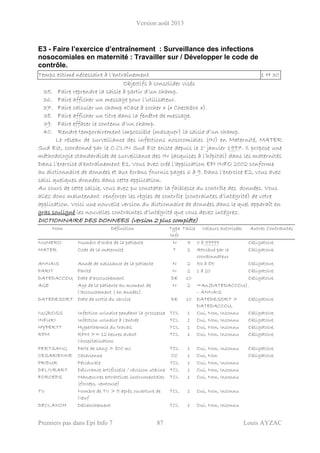 Version août 2013
Premiers pas dans Epi Info 7 87 Louis AYZAC
E3 - Faire l’exercice d’entraînement : Surveillance des infections
nosocomiales en maternité : Travailler sur / Développer le code de
contrôle.
Temps estimé nécessaire à l’entraînement 1 H 30
Objectifs à consolider visés
35. Faire reprendre la saisie à partir d’un champ.
36. Faire afficher un message pour l’utilisateur.
37. Faire calculer un champ «Case à cocher » (« Checkbox »).
38. Faire afficher un titre dans la fenêtre de message.
39. Faire effacer le contenu d’un champ.
40. Rendre temporairement impossible (masquer) la saisie d’un champ.
Le réseau de surveillance des infections nosocomiales (IN) en Maternité, MATER
Sud Est, coordonné par le C.CLIN Sud Est existe depuis le 1° janvier 1997. Il propose une
méthodologie standardisée de surveillance des IN (acquises à l’hôpital) dans les maternités
Dans l’exercice d’entraînement E1, Vous avez créé l’application EPI INFO 2002 conforme
au dictionnaire de données et aux écrans fournis pages 6 à 9. Dans l’exercice E2, vous avez
saisi quelques données dans cette application.
Au cours de cette saisie, vous avez pu constater la faiblesse du contrôle des données. Vous
allez donc maintenant renforcer les règles de contrôle (contraintes d’intégrité) de votre
application. Voici une nouvelle version du dictionnaire de données dans le quel apparaît en
gras souligné les nouvelles contraintes d’intégrité que vous devez intégrez.
DICTIONNAIRE DES DONNEES (version 2 plus complète)
Nom Définition Type
Info
Taille Valeurs autorisées Autres Contraintes
NUMERO Numéro d'ordre de la patiente N 5 0 à 99999 Obligatoire.
MATER Code de la maternité T 2 Attribué par le
coordonnateur
Obligatoire.
ANNAIS Année de naissance de la patiente N 2 53 à 85 Obligatoire.
PARIT Parité N 2 1 à 20 Obligatoire.
DATEDACCOU Date d'accouchement DE 10 Obligatoire.
AGE Age de la patiente au moment de
l’accouchement ( en années).
N 2 =An(DATEDACCOU)
– ANNAIS
.
DATEDESORT Date de sortie du service DE 10 DATEDESORT >
DATEDACCOU.
Obligatoire.
IUGROSS Infection urinaire pendant la grossesse TCL 1 Oui, Non, Inconnu Obligatoire.
INFURI Infection urinaire à l'entrée TCL 1 Oui, Non, Inconnu Obligatoire.
HYPERTT Hyperthermie du travail TCL 1 Oui, Non, Inconnu Obligatoire.
RPM RPM >= 12 heures avant
l'hospitalisation
TCL 1 Oui, Non, Inconnu Obligatoire.
PERTSANG Perte de sang > 800 ml TCL 1 Oui, Non, Inconnu Obligatoire.
CESARIENNE Césarienne CC 1 Oui, Non Obligatoire.
PRIDUR Péridurale TCL 1 Oui, Non, Inconnu
DELIVRART Délivrance artificielle / révision utérine TCL 1 Oui, Non, Inconnu
FORCEPS Manœuvres extractives instrumentales
(forceps, ventouse)
TCL 1 Oui, Non, Inconnu
TV Nombre de TV > 5 après ouverture de
l'œuf
TCL 1 Oui, Non, Inconnu
DECLANCH Déclenchement TCL 1 Oui, Non, Inconnu
 