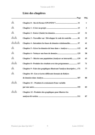 Version août 2013
Premiers pas dans Epi Info 7 9 Louis AYZAC
Liste des chapitres
........................................................................................................................................Page Obj.
Chapitre 0 – 0uvrir/fermer EPI-INFO 7.............................................. 11 1
Chapitre 1 - Créer un projet. ................................................................ 13 3
Chapitre 2 - Entrer (Saisir) les données............................................... 63 31
Chapitre 3 - Travailler sur / Développer le code de contrôle. ........... 81 35
Chapitre 4 - Introduire les bases de données relationnelles............... 97 41
Chapitre 5 - Gérer les données de base dans « Analyse ».................. 115 48
Chapitre 6 - Nettoyer une base de données......................................... 129 58
Chapitre 7 – Décrire une population (Analyser en interactif) .......... 139 63
Chapitre 8 - Produire les résultats avec des programmes................. 157 71
Chapitre 9 - Faire des graphiques illustrant l’analyse descriptive... 171 77
Chapitre 10 - Lire et écrire différents formats de fichiers
de données dans Analyse....................................................................... 187 80
Chapitre 11 – Produire le croisement d’une variable
par une autre.......................................................................................... 195 83
Chapitre 12 - Produire des graphiques pour illustrer les
analyses bi variées. ................................................................................ 211 87
 