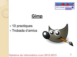 Gimp

 10 practiques
 Trobada d’amics




Optativa de informàtica curs 2012-2013   3
 