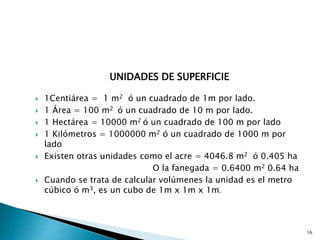 UNIDADES DE SUPERFICIE
 1Centiárea = 1 m2 ó un cuadrado de 1m por lado.
 1 Área = 100 m2 ó un cuadrado de 10 m por lado.
 1 Hectárea = 10000 m2 ó un cuadrado de 100 m por lado
 1 Kilómetros = 1000000 m2 ó un cuadrado de 1000 m por
lado
 Existen otras unidades como el acre = 4046.8 m2 ó 0.405 ha
O la fanegada = 0.6400 m2 0.64 ha
 Cuando se trata de calcular volúmenes la unidad es el metro
cúbico ó m3, es un cubo de 1m x 1m x 1m.
16
 