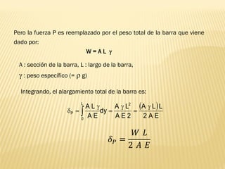 Pero la fuerza P es reemplazado por el peso total de la barra que viene
dado por:
W = A L 
A : sección de la barra, L : largo de la barra,
 : peso específico (=  g)
( )
E
A
2
L
L
A
2
E
A
L
A
dy
E
A
L
A 2
L
0
P

=

=

=
 
𝛿𝑃 =
𝑊 𝐿
2 𝐴 𝐸
Integrando, el alargamiento total de la barra es:
 