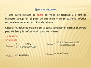 Ejercicios resueltos
1. Una barra circular de acero de 40 m de longitud y 8 mm de
diámetro cuelga en el pozo de una mina y en su extremo inferior
sostiene una cubeta con 1,5 kN de mineral.
Calcular el esfuerzo máximo en la barra tomando en cuenta el propio
peso de ésta y la deformación total de la barra
𝜎𝑚𝑖𝑛𝑒𝑟𝑎𝑙 =
𝑃
𝐴
=
1.5𝐾𝑁
0.000050265482
 = 78 kN/m3
E = 210 Gpa
𝜎𝑀á𝑥𝑖𝑚𝑜 =
(1.5 + 0.156828305267)𝐾𝑁
0.000050265482
𝜎𝑚𝑖𝑛𝑒𝑟𝑎𝑙 = 29.842𝑀𝑃𝑎
𝜎𝑀á𝑥𝑖𝑚𝑜 = 32.962𝑀𝑃𝑎
 
