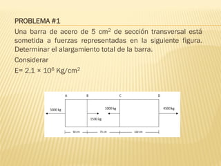 PROBLEMA #1
Una barra de acero de 5 cm2 de sección transversal está
sometida a fuerzas representadas en la siguiente figura.
Determinar el alargamiento total de la barra.
Considerar
E= 2,1 × 106 Kg/cm2
 