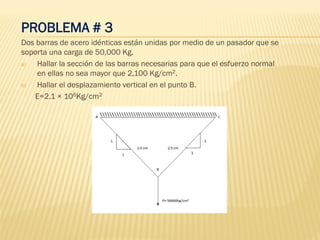 PROBLEMA # 3
Dos barras de acero idénticas están unidas por medio de un pasador que se
soporta una carga de 50,000 Kg.
a) Hallar la sección de las barras necesarias para que el esfuerzo normal
en ellas no sea mayor que 2,100 Kg/cm2.
b) Hallar el desplazamiento vertical en el punto B.
E=2.1 × 106Kg/cm2
 