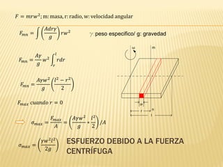 ESFUERZO DEBIDO A LA FUERZA
CENTRÍFUGA
dr
r
l
ω m
n
𝐹 = 𝑚𝑟𝑤2; m: masa, r: radio, w: velocidad angular
𝐹𝑚𝑛 = න
𝐴𝑑𝑟𝛾
𝑔
𝑟𝑤2
g:peso especifico/ g: gravedad
𝐹𝑚𝑛 =
𝐴𝛾
𝑔
𝑤2
න
𝑟
𝑙
𝑟𝑑𝑟
𝐹𝑚𝑛 =
𝐴𝛾𝑤2
𝑔
𝑙2
− 𝑟2
2
𝐹𝑚𝑎𝑥 𝑐𝑢𝑎𝑛𝑑𝑜 𝑟 = 0
𝜎𝑚𝑎𝑥 =
𝐹𝑚𝑎𝑥
𝐴
=
𝐴𝛾𝑤2
𝑔
∗
𝑙2
2
/𝐴
𝜎𝑚𝑎𝑥 =
𝛾𝑤2𝑙2
2𝑔
 
