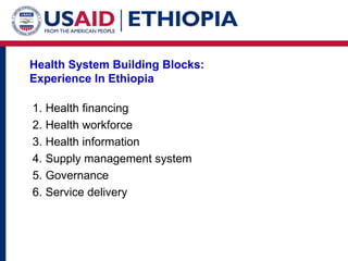 Health System Building Blocks:  Experience In Ethiopia Health financing Health workforce Health information Supply management system Governance Service delivery 