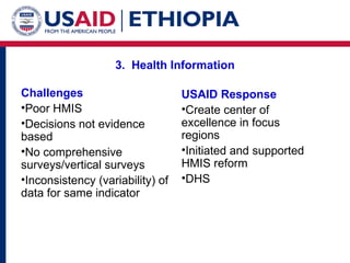 3.  Health Information Challenges Poor HMIS  Decisions not evidence based No comprehensive surveys/vertical surveys Inconsistency (variability) of data for same indicator  USAID Response Create center of excellence in focus regions Initiated and supported HMIS reform  DHS 