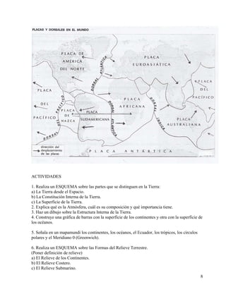 ACTIVIDADES
1. Realiza un ESQUEMA sobre las partes que se distinguen en la Tierra:
a) La Tierra desde el Espacio.
b) La Constitución Interna de la Tierra.
c) La Superficie de la Tierra.
2. Explica qué es la Atmósfera, cuál es su composición y qué importancia tiene.
3. Haz un dibujo sobre la Estructura Interna de la Tierra.
4. Construye una gráfica de barras con la superficie de los continentes y otra con la superficie de
los océanos.
5. Señala en un mapamundi los continentes, los océanos, el Ecuador, los trópicos, los círculos
polares y el Meridiano 0 (Greenwich).
6. Realiza un ESQUEMA sobre las Formas del Relieve Terrestre.
(Poner definición de relieve)
a) El Relieve de los Continentes.
b) El Relieve Costero.
c) El Relieve Submarino.
8
 