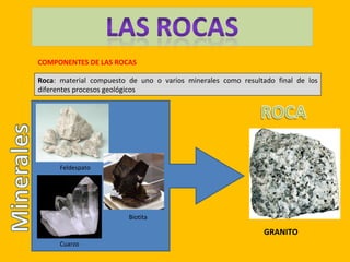 COMPONENTES DE LAS ROCAS

Roca: material compuesto de uno o varios minerales como resultado final de los
diferentes procesos geológicos




      Feldespato




                         Biotita

                                                              GRANITO
      Cuarzo
 