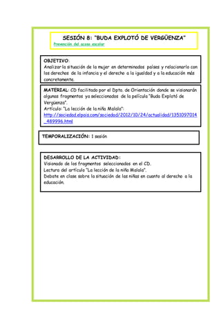 SESIÓN 8: “BUDA EXPLOTÓ DE VERGÜENZA”
Prevención del acoso escolar
OBJETIVO:
Analizar la situación de la mujer en determinados países y relacionarlo con
los derechos de la infancia y el derecho a la igualdad y a la educación más
concretamente.
MATERIAL: CD facilitado por el Dpto. de Orientación donde se visionarán
algunas fragmentos ya seleccionados de la película “Buda Explotó de
Vergüenza”.
Artículo: “La lección de la niña Malala”:
http://sociedad.elpais.com/sociedad/2012/10/24/actualidad/1351097014
_489996.html
TEMPORALIZACIÓN: 1 sesión
DESARROLLO DE LA ACTIVIDAD:
Visionado de los fragmentos seleccionados en el CD.
Lectura del artículo “La lección de la niña Malala”.
Debate en clase sobre la situación de las niñas en cuanto al derecho a la
educación.
 