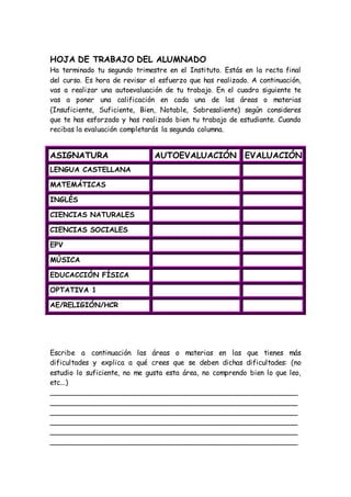 HOJA DE TRABAJO DEL ALUMNADO
Ha terminado tu segundo trimestre en el Instituto. Estás en la recta final
del curso. Es hora de revisar el esfuerzo que has realizado. A continuación,
vas a realizar una autoevaluación de tu trabajo. En el cuadro siguiente te
vas a poner una calificación en cada una de las áreas o materias
(Insuficiente, Suficiente, Bien, Notable, Sobresaliente) según consideres
que te has esforzado y has realizado bien tu trabajo de estudiante. Cuando
recibas la evaluación completarás la segunda columna.
ASIGNATURA AUTOEVALUACIÓN EVALUACIÓN
LENGUA CASTELLANA
MATEMÁTICAS
INGLÉS
CIENCIAS NATURALES
CIENCIAS SOCIALES
EPV
MÚSICA
EDUCACCIÓN FÍSICA
OPTATIVA 1
AE/RELIGIÓN/HCR
Escribe a continuación las áreas o materias en las que tienes más
dificultades y explica a qué crees que se deben dichas dificultades: (no
estudio lo suficiente, no me gusta esta área, no comprendo bien lo que leo,
etc...)
________________________________________________________
________________________________________________________
________________________________________________________
________________________________________________________
________________________________________________________
________________________________________________________
 