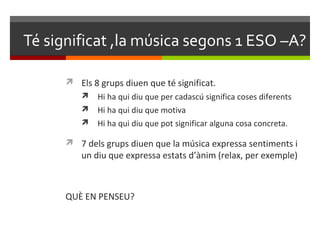Té significat ,la música segons 1 ESO –A?

       Els 8 grups diuen que té significat.
           Hi ha qui diu que per cadascú significa coses diferents
           Hi ha qui diu que motiva
           Hi ha qui diu que pot significar alguna cosa concreta.

       7 dels grups diuen que la música expressa sentiments i
          un diu que expressa estats d’ànim (relax, per exemple)



      QUÈ EN PENSEU?
 
