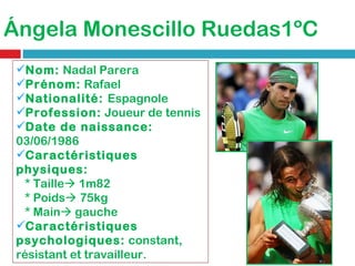 Ángela Monescillo Ruedas1ºC Nom:  Nadal Parera Prénom:  Rafael Nationalité:  Espagnole Profession:  Joueur de tennis Date de naissance:  03/06/1986 Caractéristiques physiques:   * Taille   1m82 * Poids   75kg * Main   gauche Caractéristiques psychologiques:  constant, résistant et travailleur. 