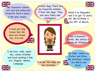 I loves dogs.There are
 My favourite colours
                            my favourite animals.
 are red and yellow.My
                            I have two dogs. They      Hello! I'm Alejandra
favourite food is pizza.
                             are very funny and      . and I've got 12 years
  I like play tennis.
                                  intelligents.        old. My birthday is
                                                        the 25th of March.


   I have got long
   brown hair.My
   eyes are brown
                                                       I live in Eastern
    too. I'm tall.
                                                      Seville. My adress is
                                                     avenida de Altamira 29.



 I am nice, calm, quiet,
                                                      My dogs' names are
   shy, clever,friendly
                                                      Foster and Chico.
 and hard-working.I like
                                                      My tortoises' names
  Art, English, Maths,
                           I've got two dogs and        are María and
      Language...
                               two tortoises.               Gordi.
 