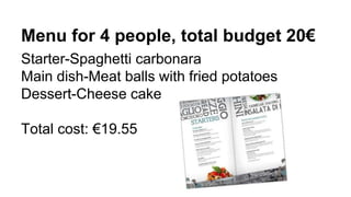 Menu for 4 people, total budget 20€
Starter-Spaghetti carbonara
Main dish-Meat balls with fried potatoes
Dessert-Cheese cake
Total cost: €19.55
 