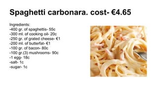 Spaghetti carbonara. cost- €4.65
Ingredients:
-400 gr. of spaghettis- 55c
-300 ml. of cooking oil- 20c
-250 gr. of grated cheese- €1
-200 ml. of butterfat- €1
-100 gr. of bacon- 80c
-100 gr.(3) mushrooms- 90c
-1 egg- 18c
-salt- 1c
-sugar- 1c
 